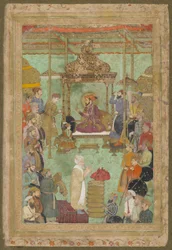 Shah Jahan auf dem Thron mit Mahabat Khan und einem Scheich, "Das Padshahnama", 1629-30